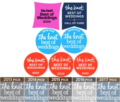 our latest 12 awards badges from The Knot for Best of Weddings, earned from 5-start clients' reviews