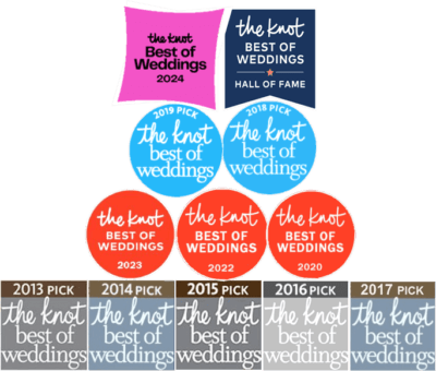 our latest 12 awards badges from The Knot for Best of Weddings, earned from 5-start clients' reviews