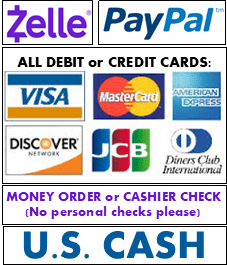 payment logos for Zelle, paypal, Visa, Mastercard, JCB, Discover, and Money orders